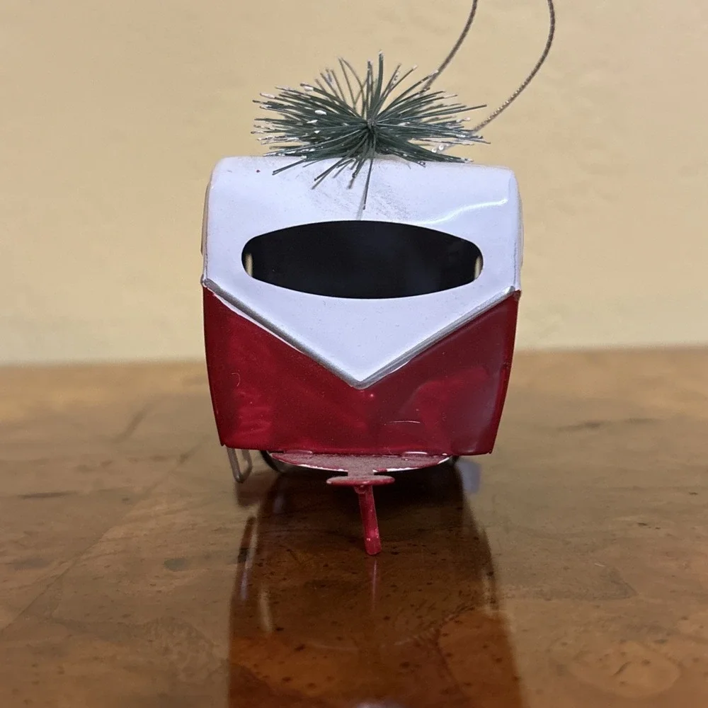 Retro Style Camper Trailer Christmas Ornament Red White Tin w/ Tree - Picture 2 of 5